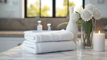 Clean towels and burning candles on counter in bathroom. Hotel. Spa