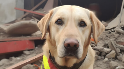 Rescue service dog working destroyed houses after the earthquake incident, search people. Generation AI