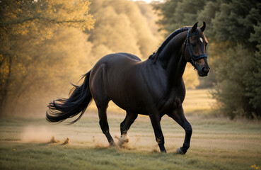 Brown horse running free on grassland in countryside. Generative AI