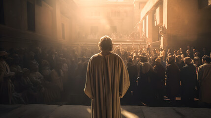 Rear view Jesus preaches to people on streets of Rome. Concept of spread of Christianity - Powered by Adobe