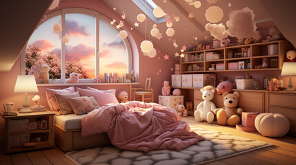 Minimalist Pink Girls' Bedroom. Interior design. 3D rendering