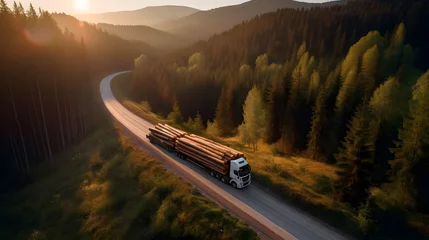 Papier Peint photo autocollant Canada Logging Industrial, cargo truck trailer with big timber wood carrier pine on road forest sunset background. Aerial top view