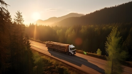 Logging Industrial, cargo truck trailer with big timber wood carrier pine on road forest sunset background. Aerial top view - obrazy, fototapety, plakaty