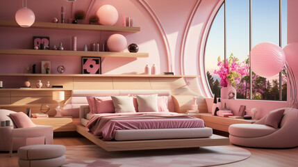 Minimalist Pink Girls' Bedroom. Interior design. 3D rendering