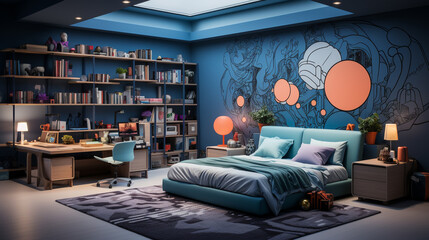 Boy bedroom design in blue color Space theme. - obrazy, fototapety, plakaty