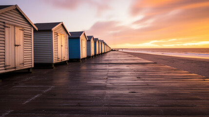 cabanes de plage multicolore, alignée sur plancher au bord de mer au soleil couchant