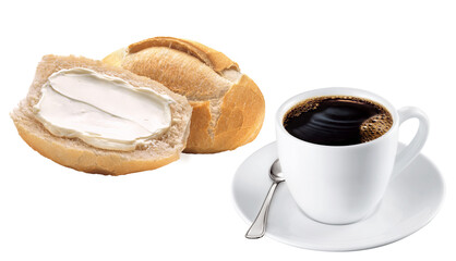 xícara com café expresso acompanhado de pão com cream cheese isolado em fundo transparente