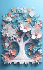 3d wallpaper. mural tree with flowers . Abstract floral background, Generative AI