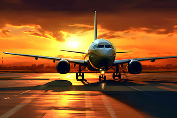 Airplane at the airport ready to take off against a background of sunset, reddish yellow light.