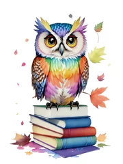 Poster  graphics large colorful owl sitting on books © Joanna Redesiuk