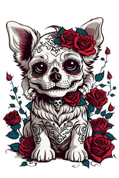 dog skull with roses in mexican style