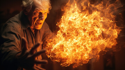 An elderly man is magically conjuring fire from his hands, demonstrating intense emotion.