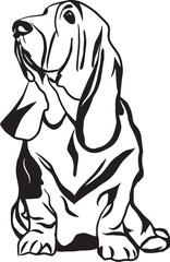 Cartoon Black and White Illustration Vector Of A Bloodhound Dog Sitting Down