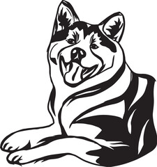 Cartoon Black and White Illustration Vector Of A Smiling Husky Dog Laying Down