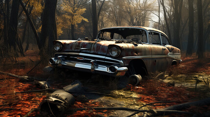An abandoned wrecked car is situated in the woods surrounded by leaves.