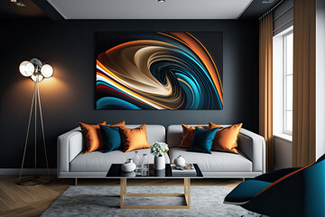 Sample of a living room, with couch, lamp and an abstract canvas hanging at the wall - 3D rendering illustration