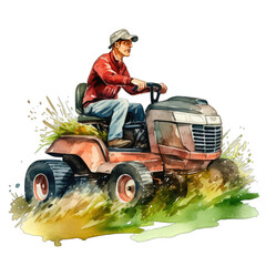 Fototapeta premium Man mowing the grass using a riding lawn mower, isolated
