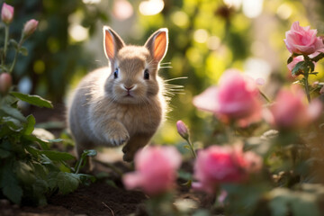 Baby rabbit hops across the wooded surface of a rose garden