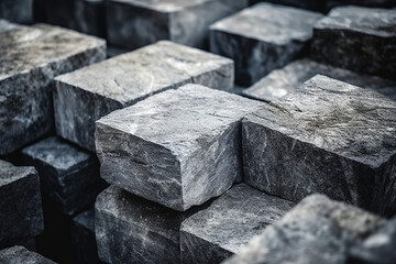 A stack of gray granite blocks used for building