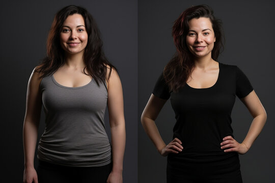 Woman portrait before and after weight loss. 