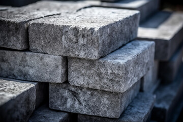 A stack of gray granite blocks used for building
