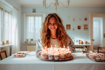A smiling teenage girl in front of a cake with candles on her birthday