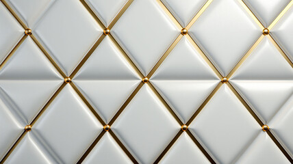 Elegance in Harmony: 3D White Leather Panels Decorated in White and Gold Adorn a Seamless Shaded Geometric Abstract Diamond-Shaped Pattern Background 