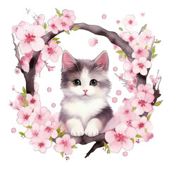 Pink kitten with flowers - cherry blossoms. isolated on transparent background