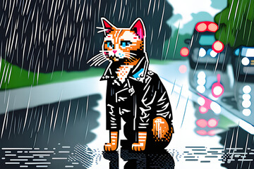 
A cat in a leather jacket standing in the rain Generative AI