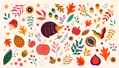 Autumn background. Big autumn vector collection. Symbols of autumn. Set of autumn leaves	 - obrazy, fototapety, plakaty