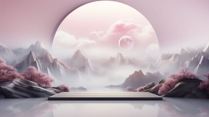 Crimson Elevation: 3D Rendered Podium in a Dreamlike Natural Setting, Bathed in Sunlight with a White Stone Arch, Adorned with Vibrant Red Flowers, and Framed by Majestic Cloud-Enshrouded Mountains 
