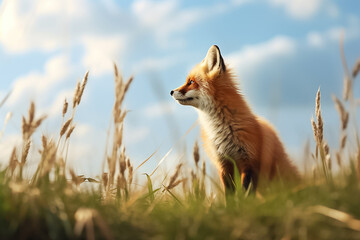 The portrait of a wild red fox or vulpes standing in an autumn forest, green field and clear blue sky, Generative AI. - obrazy, fototapety, plakaty