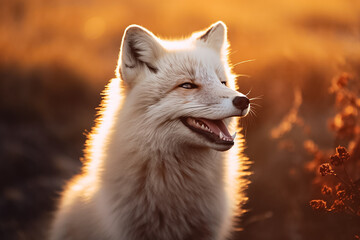 Obraz premium The portrait of a wild red fox or vulpes standing in an autumn forest, green field and clear blue sky, Generative AI.