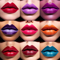 Obraz premium Different colored lipstick. Models wearing different colors and shades of lipstick. Generative ai. 