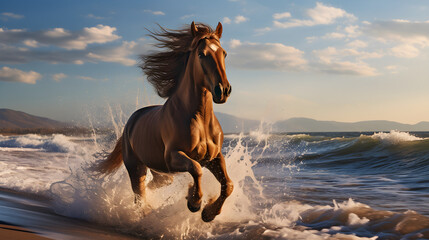 A horse runs along the seashore