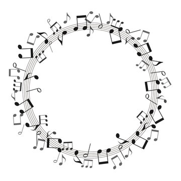 黒い音符の円形フレーム、躍動感のある音楽背景イラスト