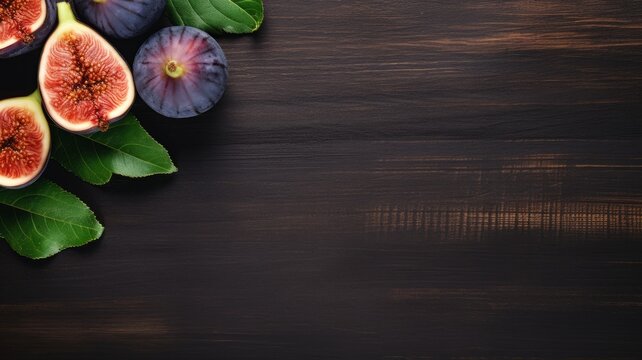 Fresh Organic Fig Fruit Photorealistic Horizontal Background. Healthy Vegetarian Diet. Ai Generated Background with Delicious Juicy Fig Fruit On Wooden Countertop with Copy Space.