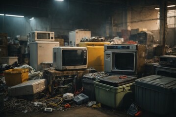 Electronic waste waiting for disposal, refrigerator washing machine Abandoned broken computer, environmental concept