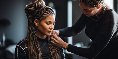 african american hairdresser working with dreadlocks in salon - obrazy, fototapety, plakaty