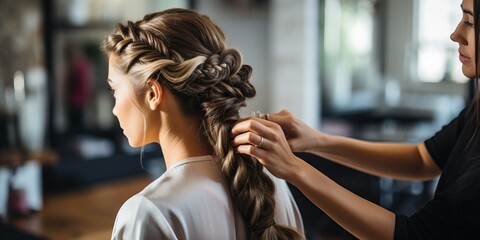 hairdresser braiding hair of woman in beauty salon