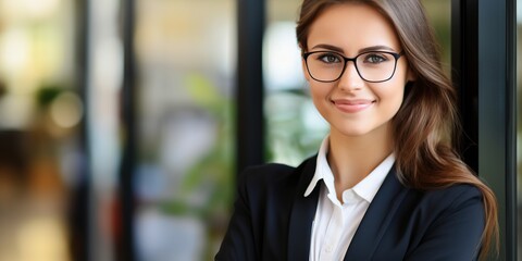 Portrait of smiling businesswoman in eyeglasses looking at camera