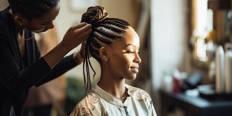 Beautiful african american woman with dreadlocks in hairdressing salon - obrazy, fototapety, plakaty
