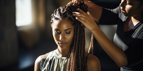 Beautiful african american woman with dreadlocks hairstyle in beauty salon