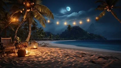 Crédence de cuisine en verre imprimé Coucher de soleil sur la plage Beach at night with palm trees, chaise lounges and lanterns
