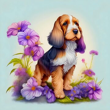 Petit Basset Griffon Vendeen dog standing, full height, flowers on the background. Watercolor art, pop art. Digital illustration created with Generative AI technology.
