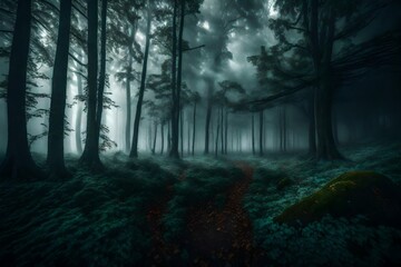 Fototapeta premium A dense, mysterious fog rolling through a hauntingly beautiful forest