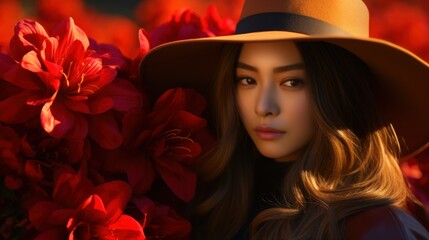 Asian woman with red flowers in dim light.