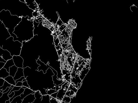 Vector road map of the city of  Tacloban in the Philippines with white roads on a black background.