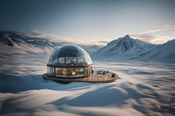 A futuristic dome house middle of a tundra - Generative AI - obrazy, fototapety, plakaty
