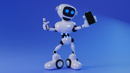 Cute cartoon 3d blue robot with glowing smiling face on the screen holding phone. 3d illustration highly usable. 3d robot character. Concept art. Copy space. 3d phone mock up.